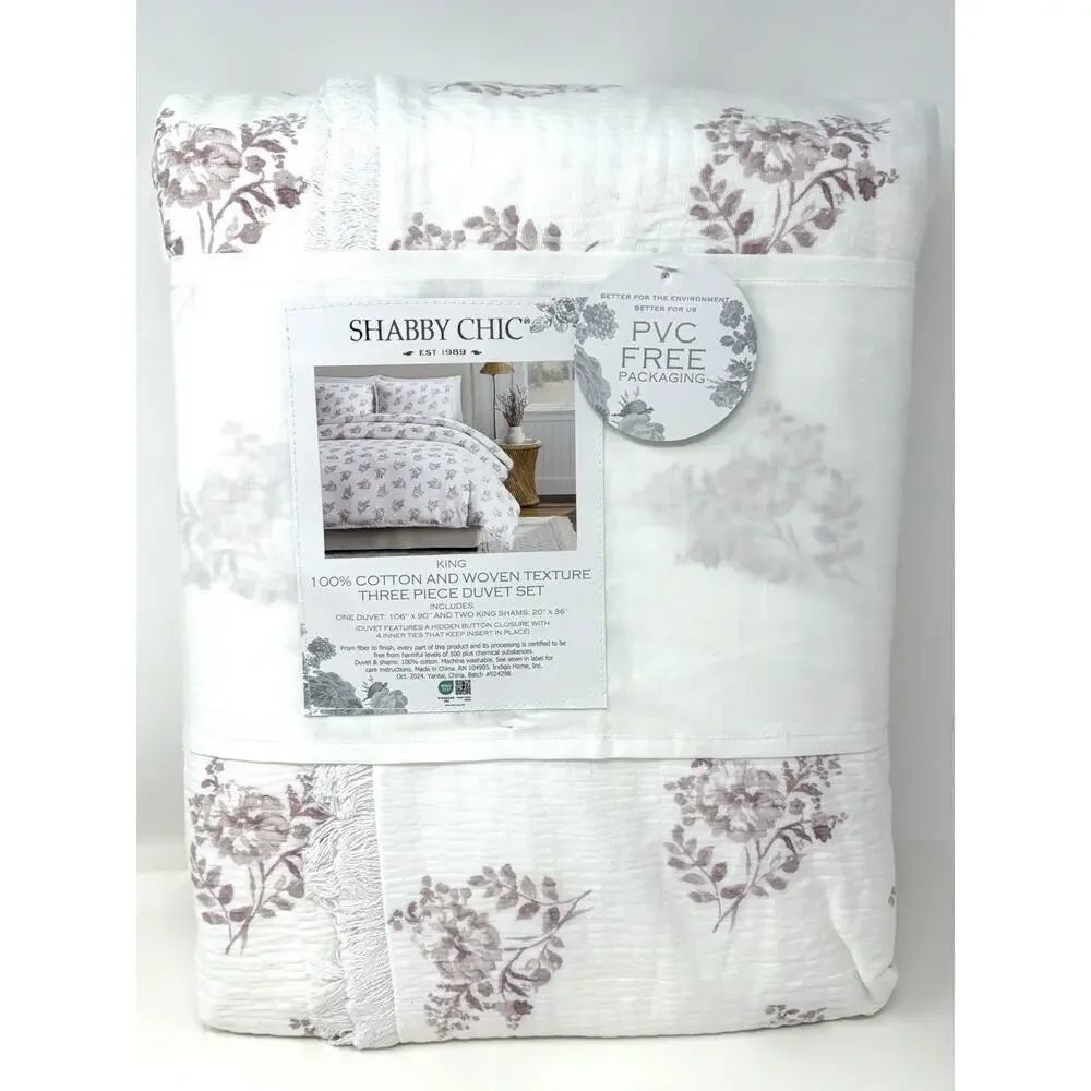 Shabby Chic Cotton Floral Woven KING Size Duvet Set White Rose Pink Fringe